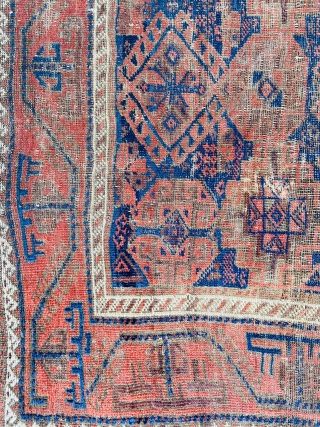 Baluch - about 3.3 x 5.8 inc Kilim ends.  As found with oxidation and wear.  Nicely executed turkman “boat” border.           