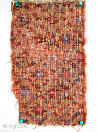 Fragment 9" x 14" with great color including mustard yellow field. Nice example of early weaving.                 