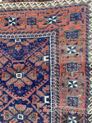 Baluch - about 3.1 x 5.10 as found condition.  Wear,oxidation, scattered moth.  Few silk knots. Remnants of kilim ends            