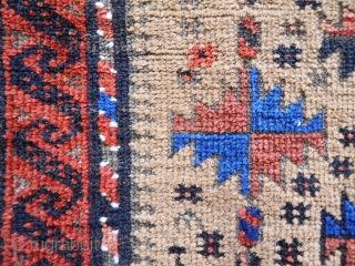 Baluch - 2.10 x 4.11 funky design and color. Even wear with oxidation and few moth nicks.  Right side original, left side replaced.  Ends unravelling into kilim bands. Could use  ...