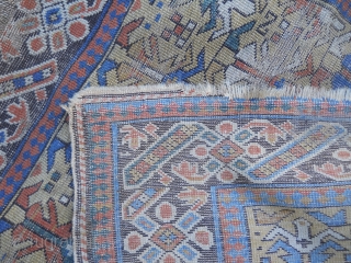 5.2 x 3.8 -  Beautiful Yellow ground with 'chi chi' border.  Areas of wear, old flat stitch repair,ends unravelling, needs cleaning.  Great Old caucasian rug.     