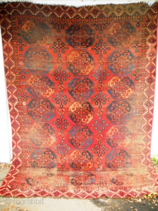 Main carpet with beautiful blues, yellow, ivory, etc.  Wonderful secondary guls and other design elements. Nice weave. Missing all around. worn. stain upper end. moth nicks. Has not been cleaned. (  ...