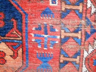 Main carpet with beautiful blues, yellow, ivory, etc.  Wonderful secondary guls and other design elements. Nice weave. Missing all around. worn. stain upper end. moth nicks. Has not been cleaned. (  ...