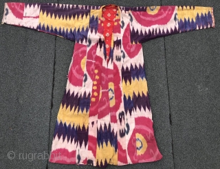 Antique Central Asian Uzbek silk on silk Ikat Chapan (Coat). Excellent natural colours and good condition. Offer reasonable price.              