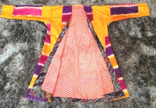 Antique Early 20th century Uzbek Hisari Adras Ikat robe (geometric pattern, design) silk on cotton.  Excellent natural colours.              