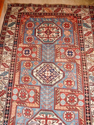 SHIRVAN WITH ALL NATURAL DYES-LOVELY SOFT BLUE FIELD AND MANY ANIMALS -SIZE OF  44 X 82 INCHES - AS FOUND WITH NO REPILING/REPAIRS -SLIGHT END LOSS= GOOD SIDES 
 ...  