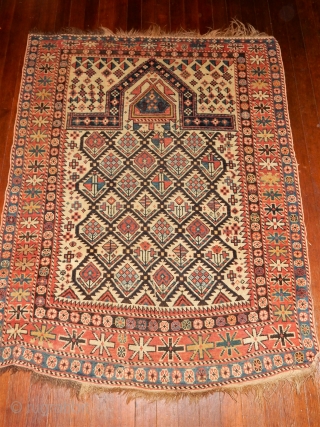 dagestan prayer rug in  superb as found original condition with a 2 headed snake in the prayer mihrab - a  quality village weaving product- 42 x 52 inches   