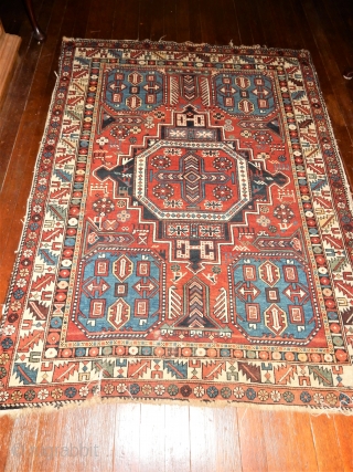 CLASSIC EASTERN CAUCASIAN RUG WITH EXCELLENT PILE WITH NO WORN AREAS - SOME MESSY ENDS AND SIDES BUT 98% COMPLETE -TWO ,3 INCH TEARS ONE END AS SHOW -NO REPAIRS-NO REPILING- 4  ...