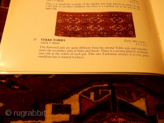 old  antique tekke torba with excellent+ pile - sold years ago in this catalog by a noted english dealer - corroded rose silk centers -       