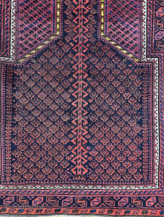 Interesting little Dokhtar-e-Qazi prayer-rug with an unusual design format having a powerful tree rising upwards to the prayer niche and the mihrab outlined in a natural yellow. 1.25 x 1.00m (4' 1"  ...