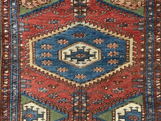 Interesting and unusual 19th century Kurdish rug in good but evenly-low pile all over.
Great natural colours and fairly coarse weave - a truly tribal rug in every sense.
1.30 x 1.14m (4’ 3”  ...