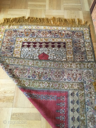 Turkish/Armenian full silk prayer rug, c. 1850-1900, signed in Armenian as "Orp (Orphan)" on top of the mihrab. Probably from Agin(Kemaliye) or Hajin(near Kayseri) Armenian Orphanage of Ottoman Empire. 190cm x 127cm.  ...