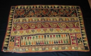 

Old Festival Bullock Cover (Jhul). Saurashtra, Gujarat, India. Silk floss embroidery, beads, cotton and silk applique.106 x 76 cms. Excellent condition.            