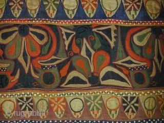 

Old Festival Bullock Cover (Jhul). Saurashtra, Gujarat, India. Silk floss embroidery, beads, cotton and silk applique.106 x 76 cms. Excellent condition.            