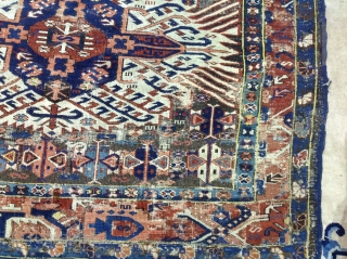 Antique kuba carpet, 258x155cm, shabby chic fresh country house find, knotted fringes.                     