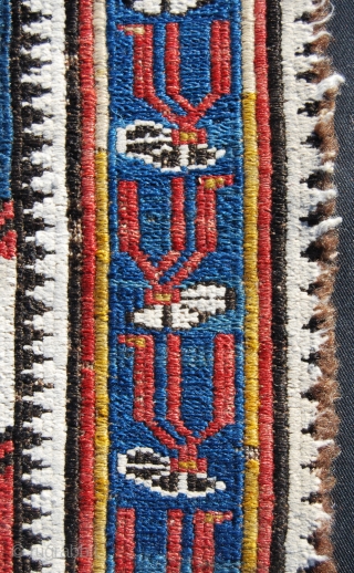 Tat nomads, Caucasian Dragon Sumakh Mafrash side panel fragment. Baku region, Azerbaijian. Cm 50x100 or 20"x40" ca. Roughly mid 19th century. The red and blue diagonal stripes contain Dragon symbols stylised in  ...