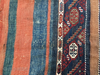 Anatolian cuval with a great central sumakh part. Cm 108x142. Antique enough to have all natural dyes. Could be Konya. Condition with minor issues as from pics.      