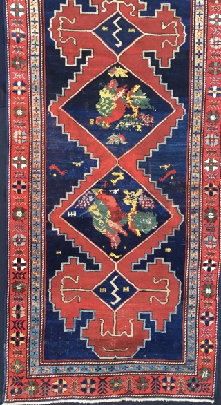 Karabagh rug, cm 235x118, ft 7.7x3.8, early 20th century or older, lovely pattern, great dyes, some old restorations, in good conditions.            