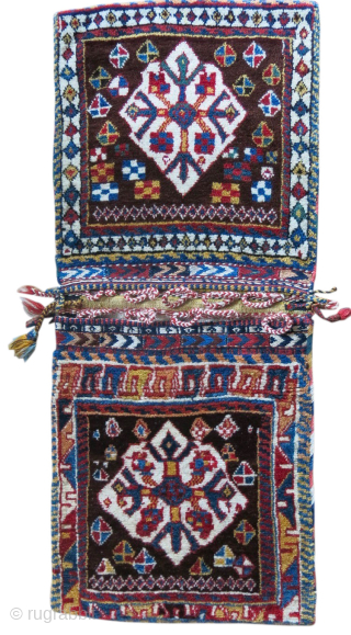 Wonderful Qashqai Gabbeh khorjin or double donkey bag. 
Size is cm 51x124 or 20”x49”. 
Awesome natural saturated colors. Shiny wonderful full pile.
Some camel hair on the beautiful, minimalistic back side. 
In both  ...