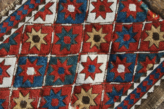 Shahsavan all star mafrash main panel. Cm 41x109. Datable 1880/1900. Great & rare flatweave stars only pattern, the ceiling of the Nomads. One hole right below to report, otherwise in good condition.  ...