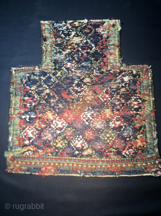 Lovely Shahsavan Sumack namakdan/salt bag face. 
Cm 36x26x38. End 19th c. 
Wonderful colors, wonderful pattern. 
The back side looks like a painting by Jackson Pollock. 
Might need one more wash. 
A beautiful  ...