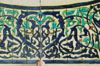 Two lovely glazed tiles with arabesque design. Cm 20x20 each. Probably early 20th century. Earlier? Later? Where from? No idea. Bought in Paris long time ago.       