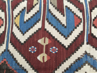 Aydin Kilim Strip.
Powerful & Beautiful Western Anatolia Aydinli kilim strip. 
Cm 100x265 ca. 3rd/4th q 19th century. 
Great ram horn pattern, glorious natural saturated colors. 
Condition: a few minor oxidations, two tiny  ...