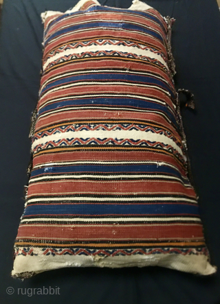 Bergama Kilaz cuval or storage bag.
Western Anatolia, Bergama region, Yuntdag village area.
Kilaz tribal group, Karayagci sub tribe weave.
Size is cm 50x100 ca.
Datable late 19th century.
Awesome natural saturated colors, great indigo blue and  ...