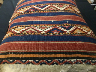 Bergama Kilaz cuval or storage bag.
Western Anatolia, Bergama region, Yuntdag village area.
Kilaz tribal group, Karayagci sub tribe weave.
Size is cm 50x100 ca.
Datable late 19th century.
Awesome natural saturated colors, great indigo blue and  ...