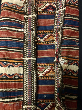 Bergama Kilaz cuval or storage bag.
Western Anatolia, Bergama region, Yuntdag village area.
Kilaz tribal group, Karayagci sub tribe weave.
Size is cm 50x100 ca.
Datable late 19th century.
Awesome natural saturated colors, great indigo blue and  ...