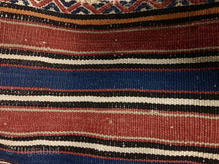 Bergama Kilaz cuval or storage bag.
Western Anatolia, Bergama region, Yuntdag village area.
Kilaz tribal group, Karayagci sub tribe weave.
Size is cm 50x100 ca.
Datable late 19th century.
Awesome natural saturated colors, great indigo blue and  ...