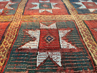 Beautiful Star Fethiye kilim. 
Cm 140x150 ca. Early 20th century. 
Woven in rare Zili technique. 
Natural dyes. 
Mounted on a wonderful “Macchiaioli” canvas for further strength. 
Can be used on both sides.  ...