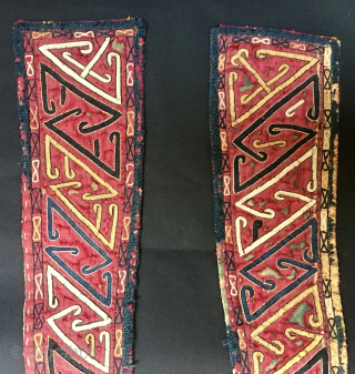 Turkmen Tekke silk chirpy sleeves. 
Cm 9x40 ca. 
Datable 1860/80. 
Beautiful, extremely rare, tribal art work items. 
Most probably kept and used as amulets. 
Simply wonderful. 
Email carlokocman@gmail.com     