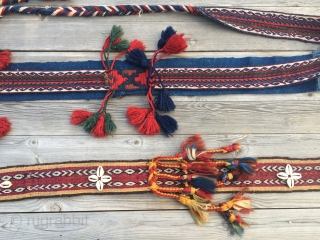 Two Anatolian cuval straps. Two little wonders. One bought 15 y ago in Turkey, the other one got from an owned cuval.
wonderful small tribal art pieces.       