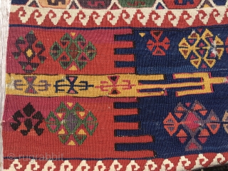 This is a super kilim strip. Called Aleppo in the rug business. Attribution is to the Reyhanli tribal group. Cm 74x362. Datable 1880sh. Very fine weave. Fantastic, natural, deeply saturated colors. Lovely  ...