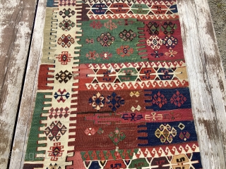 This is a super kilim strip. Called Aleppo in the rug business. Attribution is to the Reyhanli tribal group. Cm 74x362. Datable 1880sh. Very fine weave. Fantastic, natural, deeply saturated colors. Lovely  ...