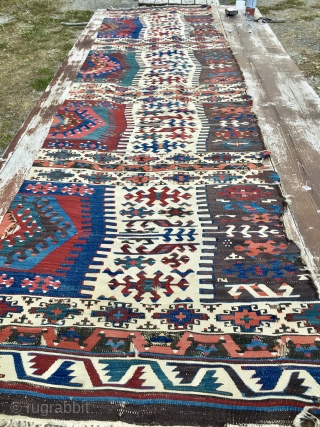 Colors! Graphics! This kilim strip is a marvel of colors and graphics. East Anatolia, most probably Reyhanli tribal group. Cm 77x289. Mid to end 19th century. Wool on wool plus some hard  ...