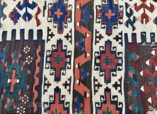 Colors! Graphics! This kilim strip is a marvel of colors and graphics. East Anatolia, most probably Reyhanli tribal group. Cm 77x289. Mid to end 19th century. Wool on wool plus some hard  ...