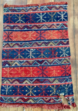 Eastern Anatolia, Malatya area cuval face. Cm 70x110 ca. Early 20th c. Great colors. Reasonable price. (Frankly I thought it was from Bergama area!)
         