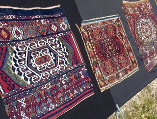 3 antique, wonderful, natural color Malatya kilim bag faces attributed to the Sinanli tribal group. Over 100 years old, awesome, natural, saturated colors, metal thread all over, real tribal art wonders. Rare  ...