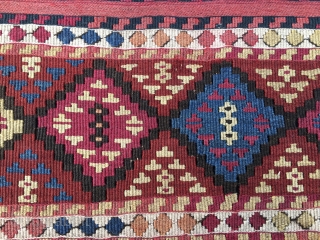 Enjoy the color power!
Wonderful antique natural color Sinanli tribal group bag face. Eastern Anatolia. Cm 69x73. See the fantastic cochineal, the lovely madder red & orange, the bright yellow, the deep indigo  ...