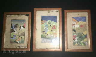 Three Persian miniatures early 18th century or earlier.
Sizes are: cm 20x31, 21x29, 22x33.
They have been framed 50/60 years ago.
Beautiful, great quality.
Sold 1, 2 or the 3 together.
Email carlokocman@gmail.com     