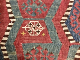 No, not simply another kilim strip! This is a special one, with incredible natural deeply saturated colors, a very interesting pattern, ....cotton, color inlets here and there...get a good look at it.....  ...