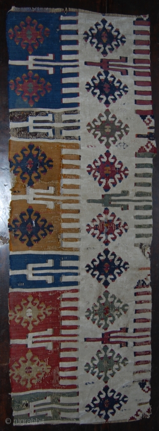 Central Anatolia kilim fragment. Cm 38x110. Second half 19th century. Great colors, great pattern. See more pics on my fb page: https://www.facebook.com/media/set/?set=a.10153419885734258.1073742040.358259864257&type=1&pnref=story

           