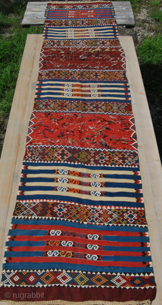 Eastern Anatolia Malatya wedding kilim strip. 
Most probably Sinanli tribal group work. 
Size is cm 88x372. Datable end 19th/early20th century. 
In mint condition. 
Great, natural colors. Lots of "dileks"/wishes.
Please email carlokocman@gmail.com  