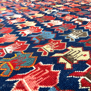 Rare, Beautiful, well proportioned Caucasian Shirwan Zeikhur rug filled with colorful carnations on a deep indigo blue field.
Size is cm 98x165
Datable end of 19th century.
7 rows by 23 each makes 161 carnations  ...