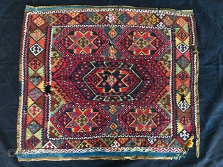 Eastern Anatolia, Malatya, big heybe bag face. Sinanli tribal group.  Cm 67x79. Datable 1880/1890. Wool, cotton, silver/metal thread. Wonderful saturated colors, great five star pattern. Couple of small holes and tears.  ...