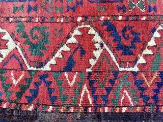 1850sh Turkmen Beshir rug fragment. Cm 67/76x177. Third quarter 19th century if not earlier. Great deep, natural, saturated colors. Madder red, green, yellow, indigo & petrol blue, white (wool).... Lovely pattern, great  ...