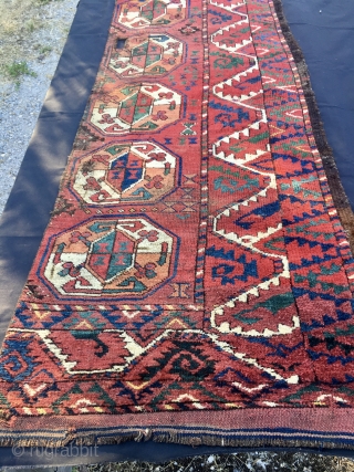 1850sh Turkmen Beshir rug fragment. Cm 67/76x177. Third quarter 19th century if not earlier. Great deep, natural, saturated colors. Madder red, green, yellow, indigo & petrol blue, white (wool).... Lovely pattern, great  ...