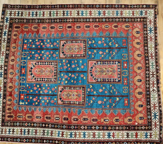 ANTIQUE GORGEOUS POMEGRANATE TREE OF LIFE SHIRWAN RUG WITH PALMETTES ON MADDER RED SIDE FIELD

CM 148X174
AGE: MID 19TH CENTURY, SHOULD BE 1860/70 SH
A very rare Shirwan rug with pomegranate trees of life  ...